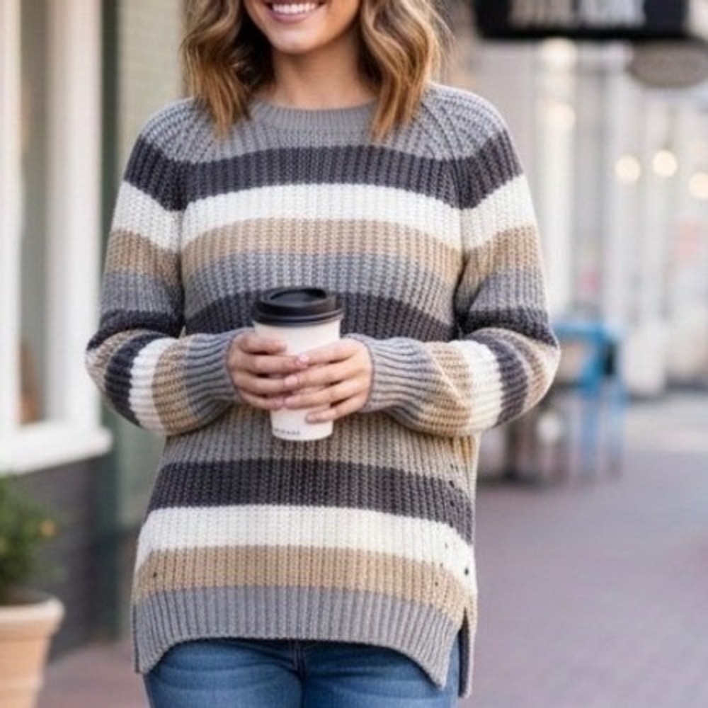 Pink Republic Striped Sweater Women‎ L Gray Tan Side Zip Shaker Knit Crewneck